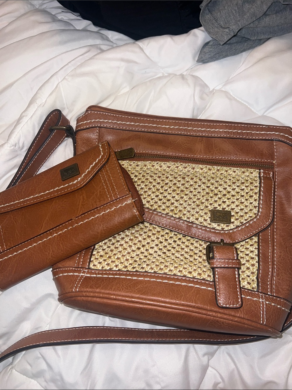 B.O.C. Woven Front Panel Crossbody Bag in Tan w/ matching B.O.C. Wallet